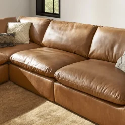 New Dawson Leather L-Shape Sectional Sofa with Ottoman Living Room Sets|Living Room Sets