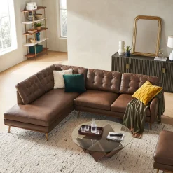 Outlet Isaac Leather Bumper Chaise Sectional Sofa with Ottoman Living Room Sets|Living Room Sets