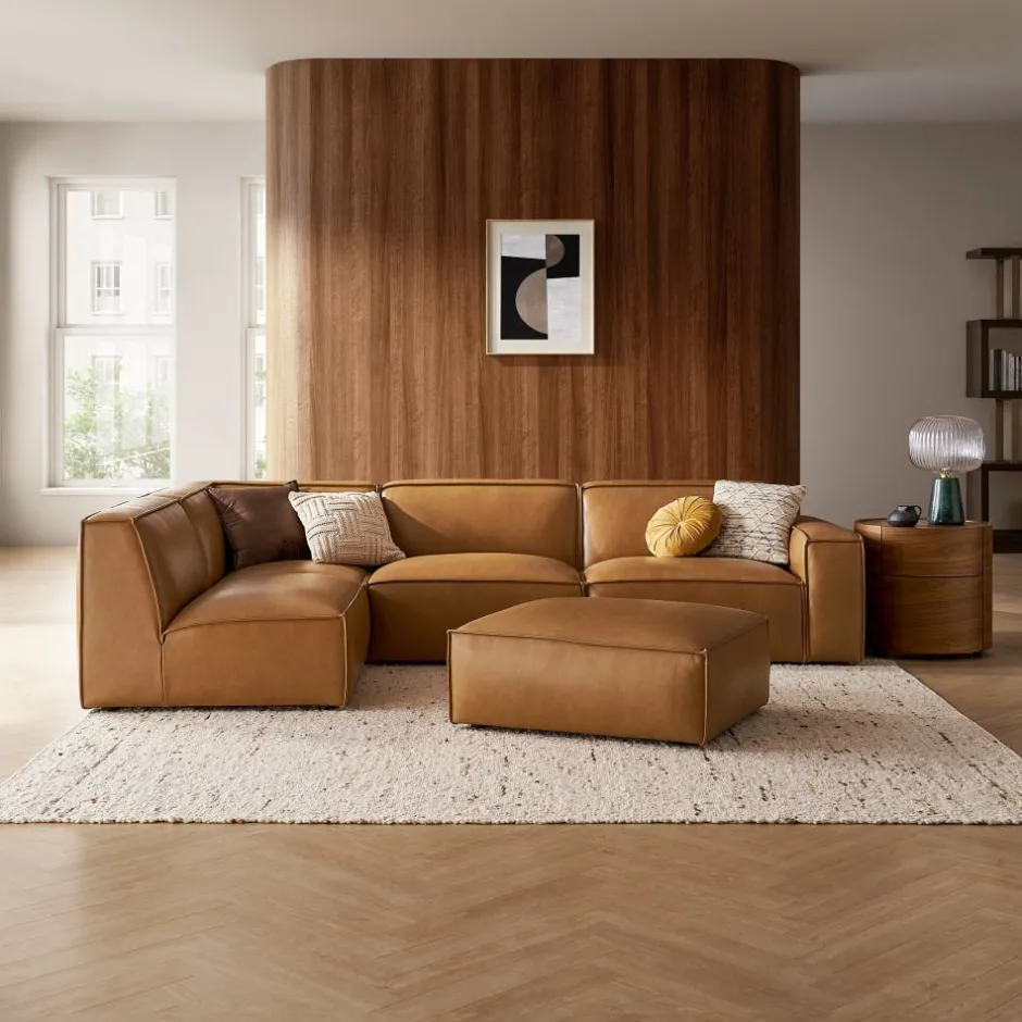 Outlet Jonathan Leather Chaise Sectional Sofa with Ottoman Living Room Sets|Living Room Sets