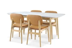 Fashion Kelsey Marble Dining Table with 4 Leather Chairs, White Wash Small Dining Room Furniture|Dining Room Furniture Sets