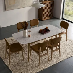 Fashion Kelsey Marble Dining Table with 4 Leather Chairs, White Wash Small Dining Room Furniture|Dining Room Furniture Sets