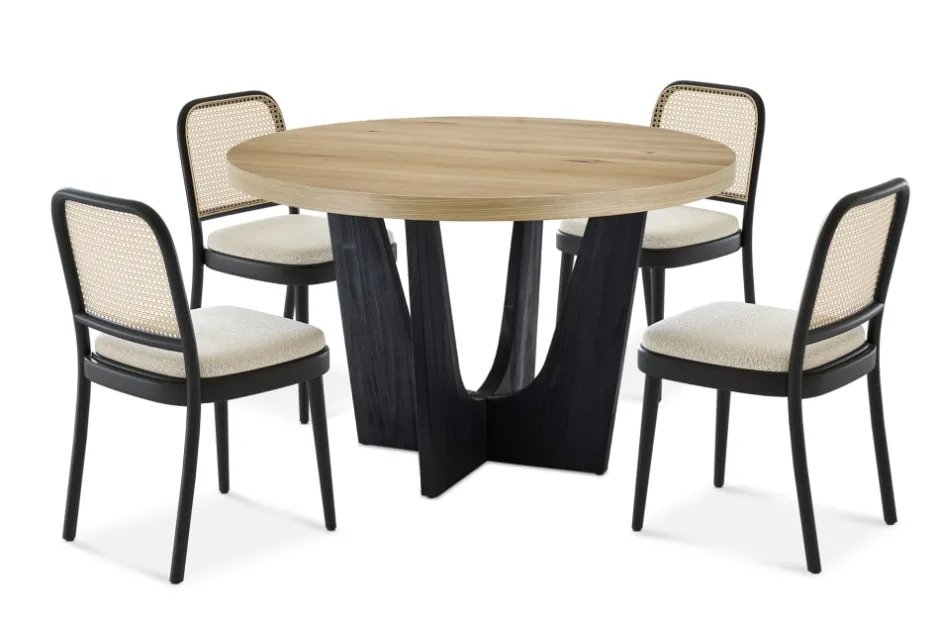 Discount Sawyer Round Dining Table with 4 Edith Cane Chairs, Black Small Dining Room Furniture|Dining Room Furniture Sets