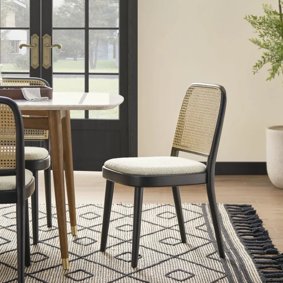 Discount Sawyer Round Dining Table with 4 Edith Cane Chairs, Black Small Dining Room Furniture|Dining Room Furniture Sets